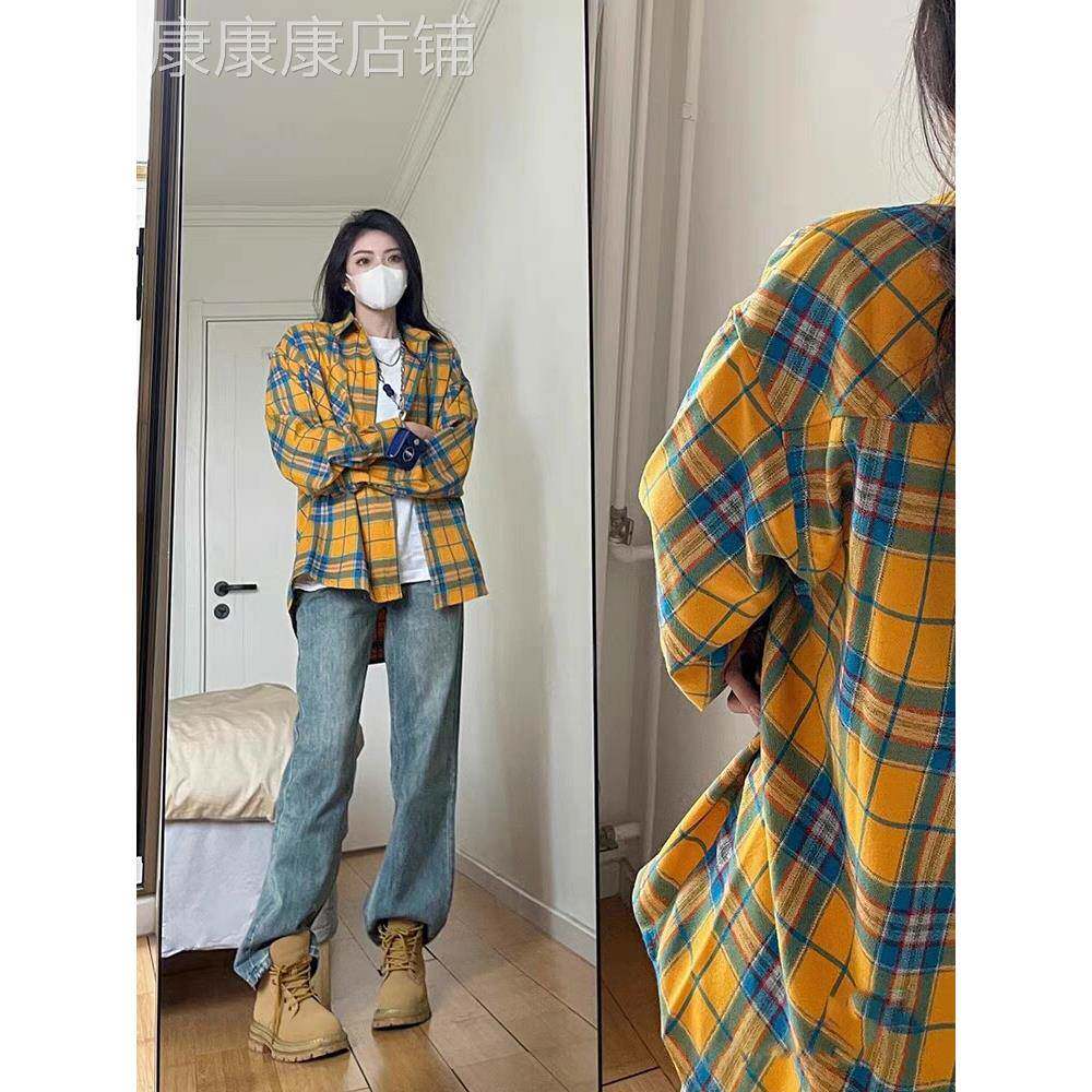 意大利黄色格子衬衫设计感高级2025新款宽松情侣休闲bf风早秋上衣