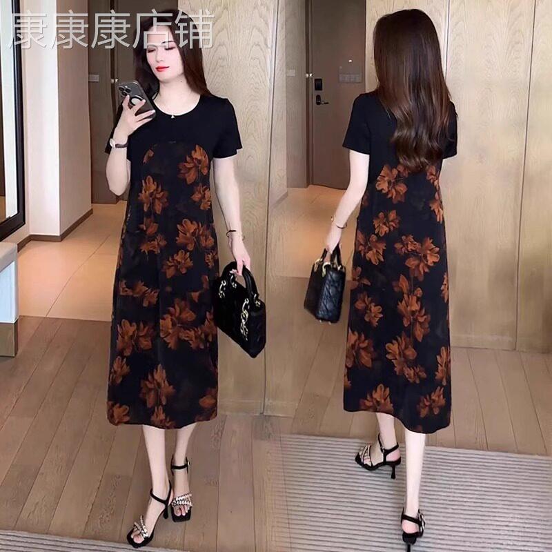 圆领短袖花色拼接连衣裙女夏季新款大码宽松遮肚显瘦妈妈中长女裙