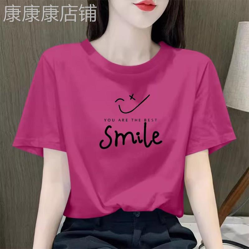 玫红色圆领短袖T恤女2025新款夏季欧货宽松休闲正肩印花体恤上衣