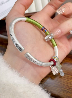 平安喜乐纯银手镯女S999复古哑光实心足银镯子开口送女友老婆礼物