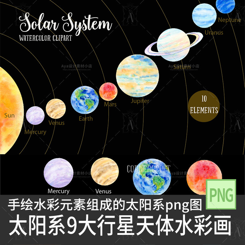 天体太阳系九大9大行星手绘水彩手绘太阳水星金星地球设计素材png