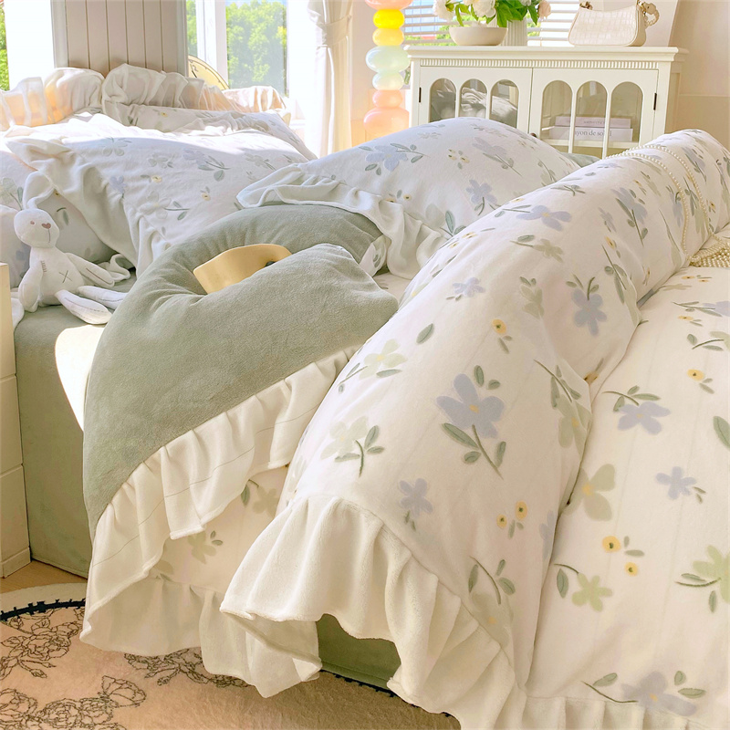 韩式小碎花牛奶绒花边被套四件套