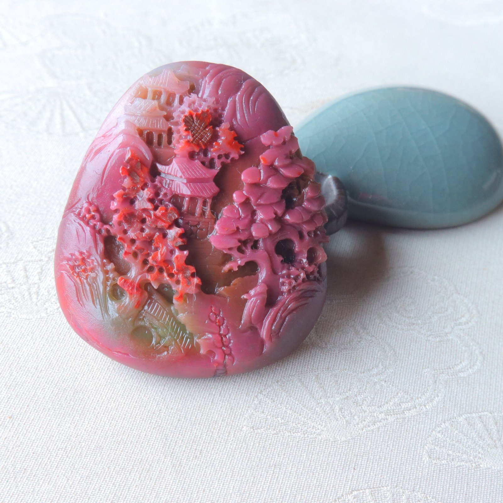 盐源玛瑙吊坠挂件收藏级山水牌子满肉雕刻件毛衣链DIY配件