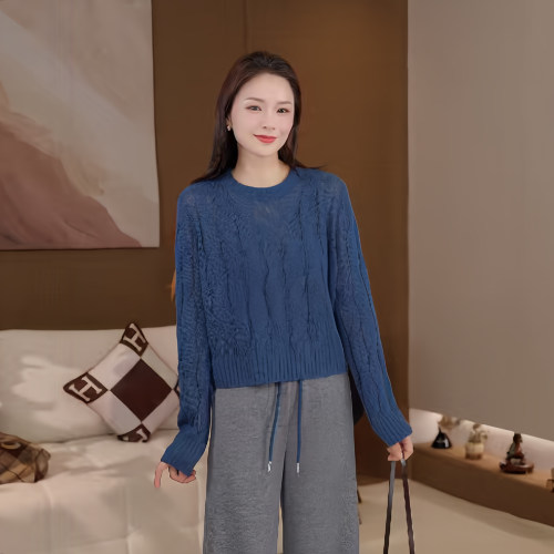 豆豆DA【麻花】绵羊毛圆领针织衫女显瘦气质百搭毛衣-26QM935211