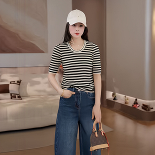 短袖 薄款 显瘦中袖 打底衫 豆豆 上衣26CD13005 条纹针织T恤女春季