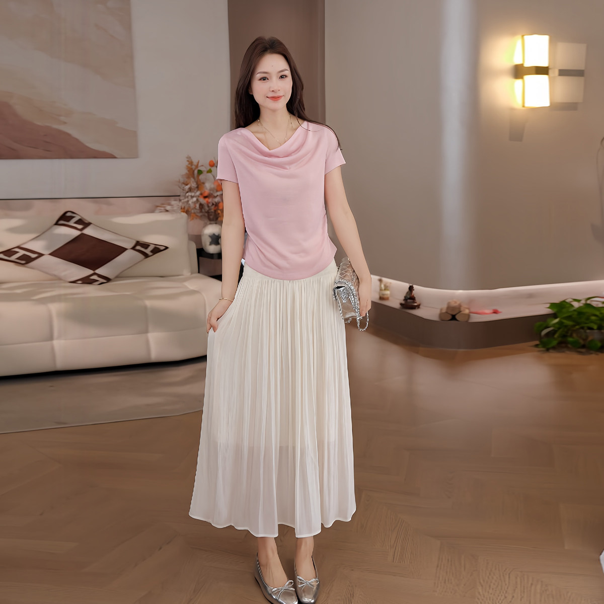豆豆DE【仙女裙】夏季新款显瘦百搭顺纡绉半身裙中长款-26CQ1027