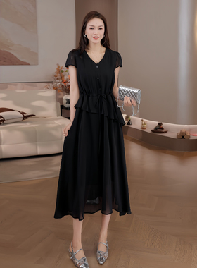 豆豆 100%莱赛尔天丝连衣裙法式高级感显瘦抽绳v领裙子女26XQ5805