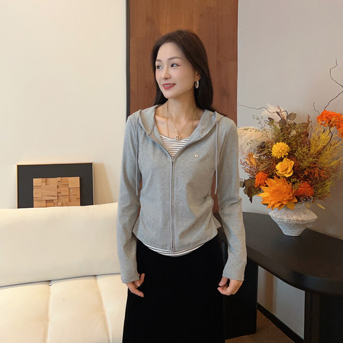 豆豆DH【连帽假两件】棉+氨纶重工显瘦百搭T恤女士长袖-26QT7119