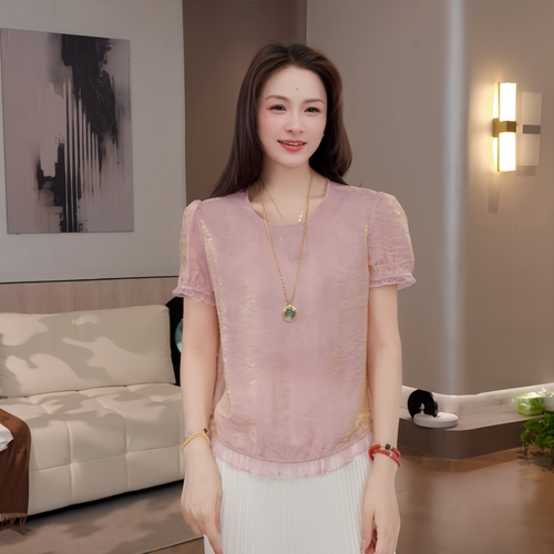 豆豆7【水蜜桃】人丝木耳边无袖背心女显瘦减龄短袖上衣-DX1563