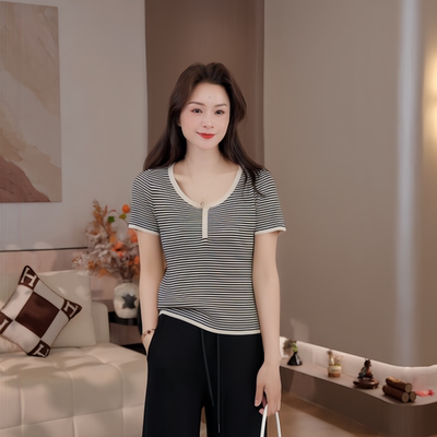 豆豆DE【竖坑条针织衫】2026春季新款圆领短袖T恤上衣-26CT88707