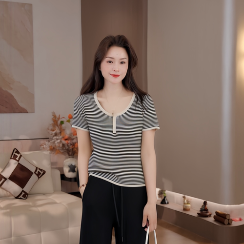 豆豆DE【竖坑条针织衫】2026春季新款圆领短袖T恤上衣-26CT88707