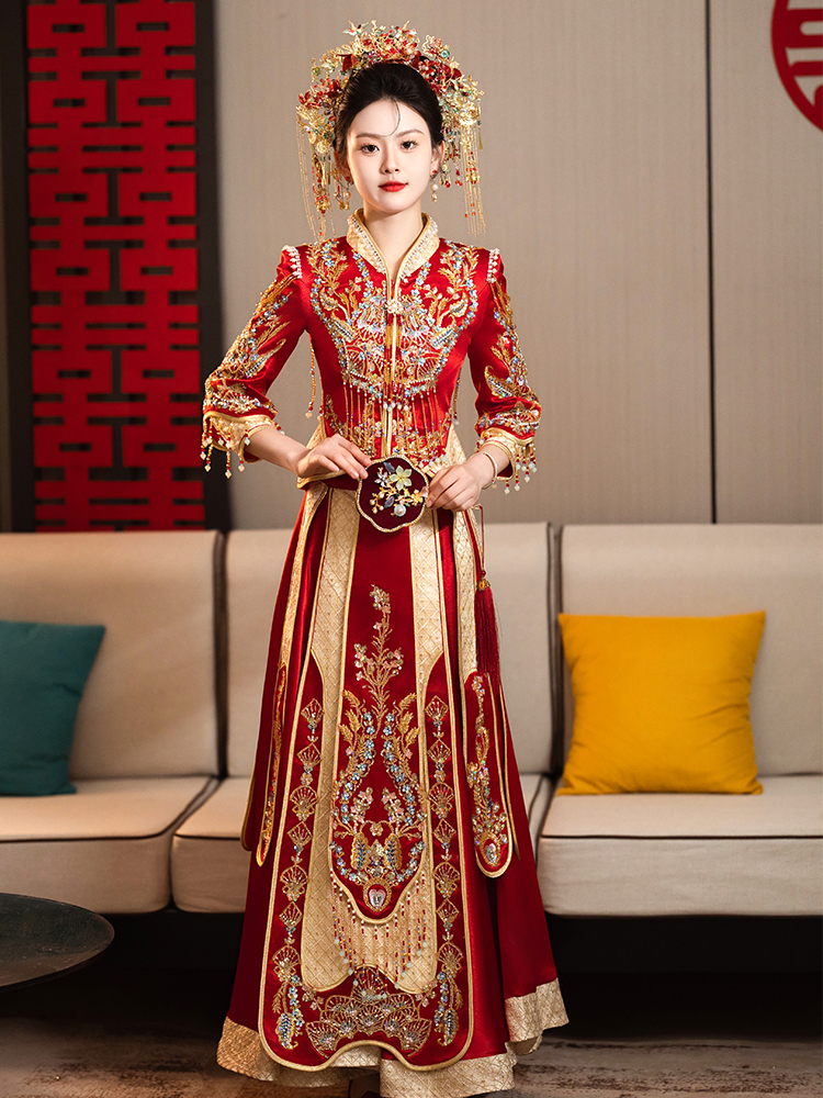 缎面秀禾服重工新款新娘结婚嫁衣小个子出嫁婚服中式大码孕妇丝绒