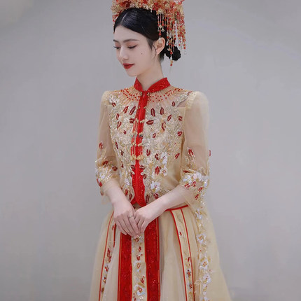 重工香槟色秀禾服新娘结婚新款夏季薄款显瘦奢华重工中式秀和服