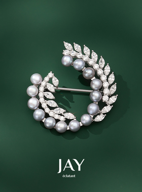 JAY花冠925银珍珠胸针高端精致时尚别针银灰色胸花商务职场礼物