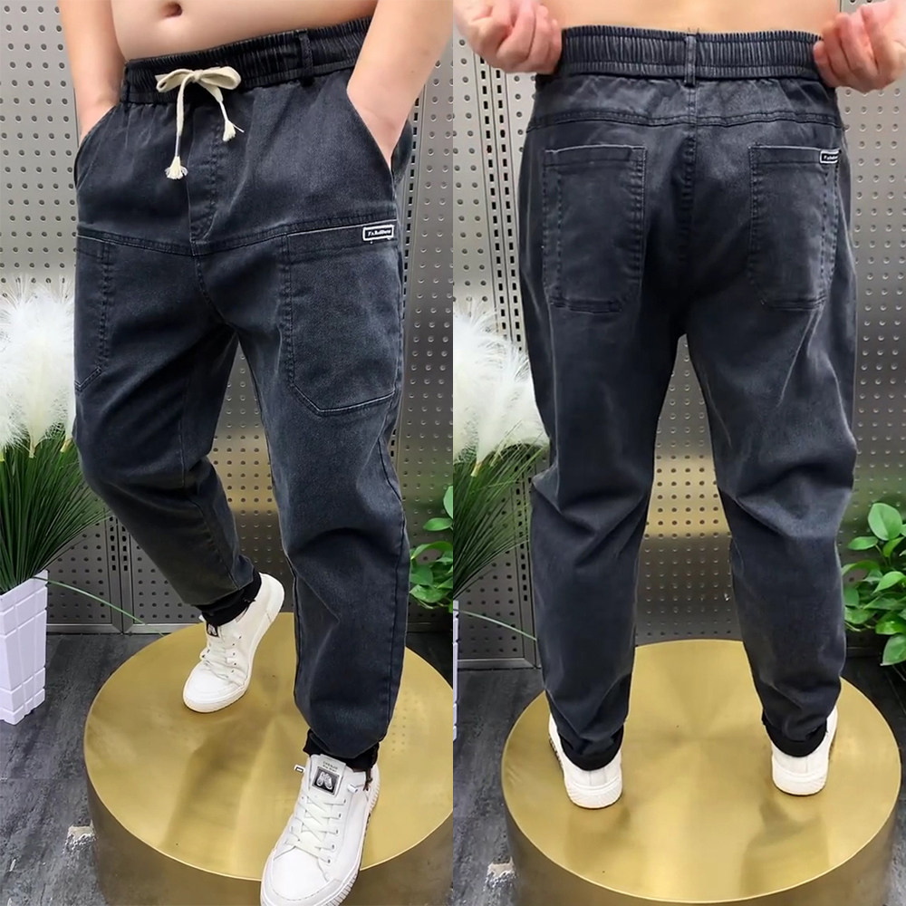 秋冬季六兜牛仔裤男士直筒长裤弹力哈伦裤宽松耐磨中年休闲裤子男