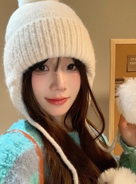 韩系白色针织毛线帽子女秋冬季毛球保暖显脸小护耳包头帽冬大头围
