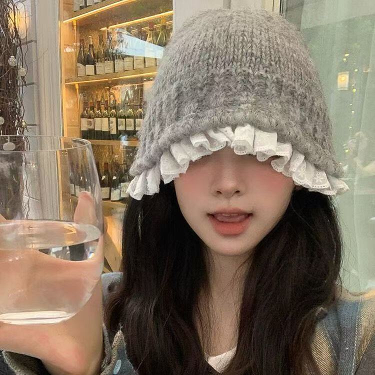韩系蕾丝花边针织水桶帽子女秋冬季甜美保暖百搭显脸小毛线渔夫帽