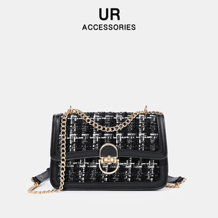 UR链条包包女式2025新款斜挎包小香风秋冬呢子格纹单肩包通勤小包