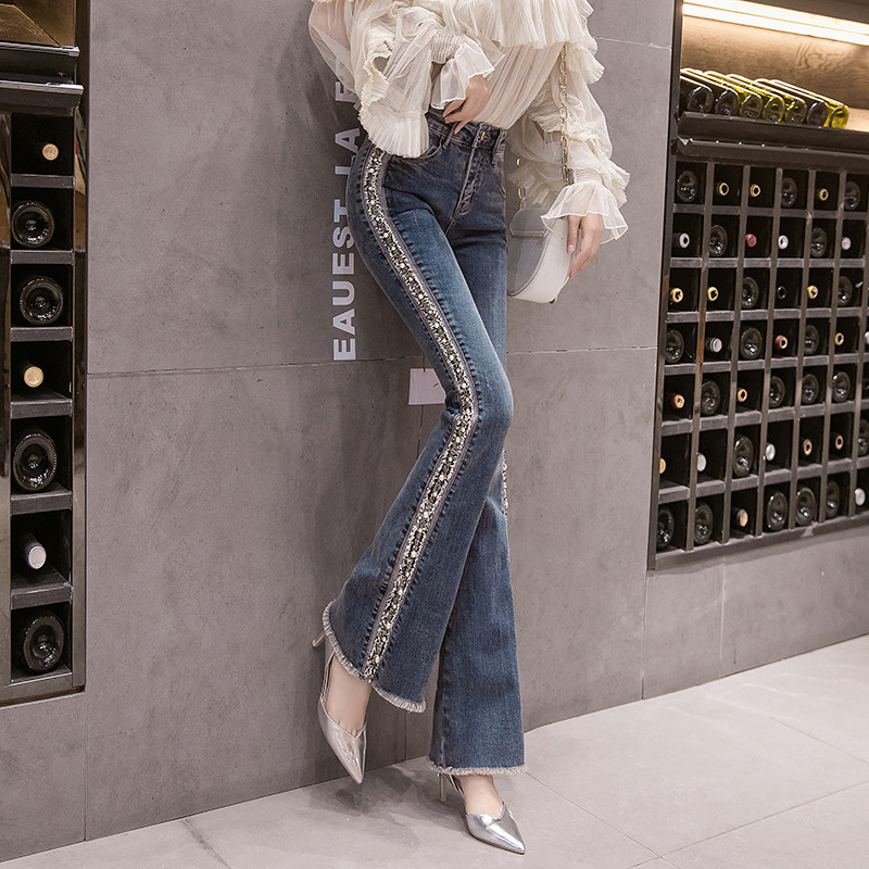 喇叭牛仔裤女2019秋冬高腰修身显瘦重工刺绣钉珠阔腿微喇裤长裤子|ruв категории Женская одежда, джинсы - от Buy2taobao.com для оказания профессиональной услуги покупки агента Taobao