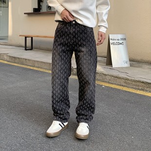 欧货AN&LV/岸绿2025美式提花满印牛仔裤男款夏季潮牌宽松直筒水洗