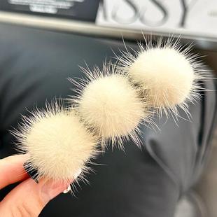 真水貂毛毛球鸭嘴夹侧边编发发夹女网红刘海碎发夹子发卡头饰神器