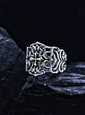复古925纯银欧美霸气藤蔓花纹精工个性十字架开口戒指潮男银指环