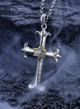 S925纯银欧美个性全知之眼十字花吊坠手工男女款拼色项坠项链潮人