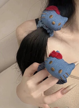 可爱蓝色甜美KT猫咪复古牛仔发圈发绳少女甜美高弹力皮筋发饰头饰