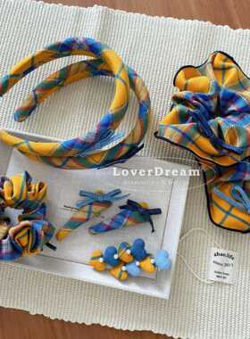 韩国新款黄色蓝色格纹蝴蝶结爱心发夹 甜美可爱学生头饰百搭发饰