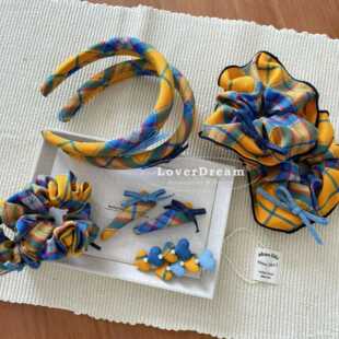 韩国新款黄色蓝色格纹蝴蝶结爱心发夹 甜美可爱学生头饰百搭发饰