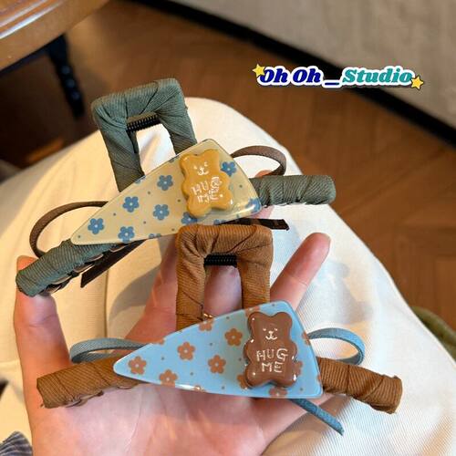 【实拍】店主超爱撞色小熊碎花鲨鱼夹发夹厚发可用抓夹盘发夹新