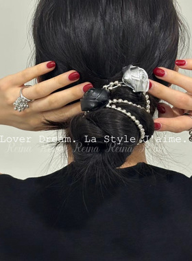 韩版甜美新款黑色银色仿皮玫瑰花朵串珠高弹力发圈时尚头绳发饰
