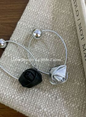 韩国原版新时尚黑色银色仿皮立体玫瑰花朵高弹力发圈高马尾头绳女