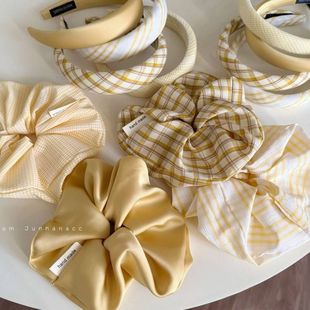柠檬黄色系格纹大肠发圈头绳箍女高级感头箍海绵高颅顶发卡新款发