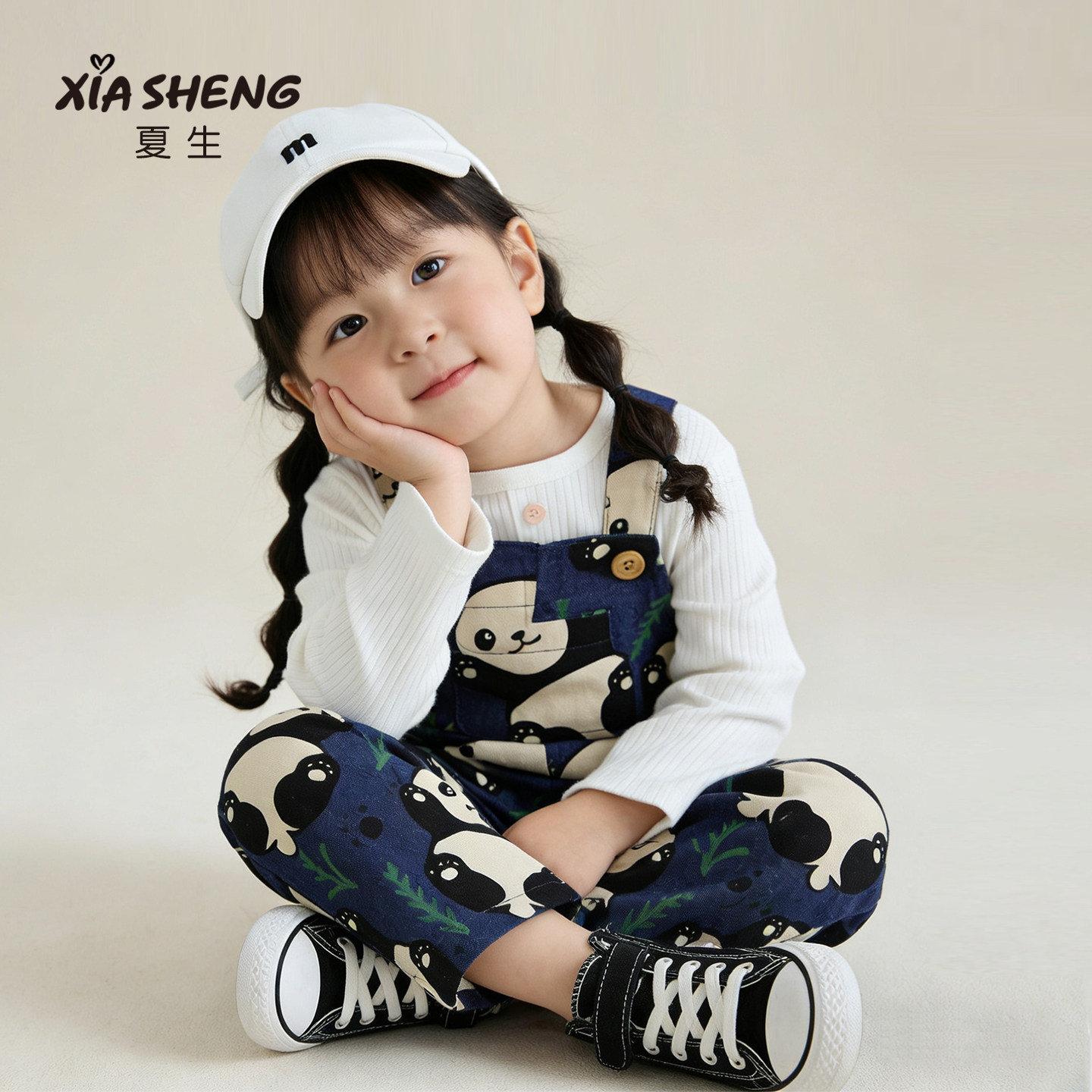 夏生【熊猫印花牛仔背带裤】男女童国潮宝宝长裤子儿童春装新品