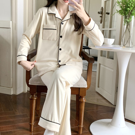 韩版高级白长袖德绒睡衣女加绒加厚秋冬季2024新款毛绒家居服套装