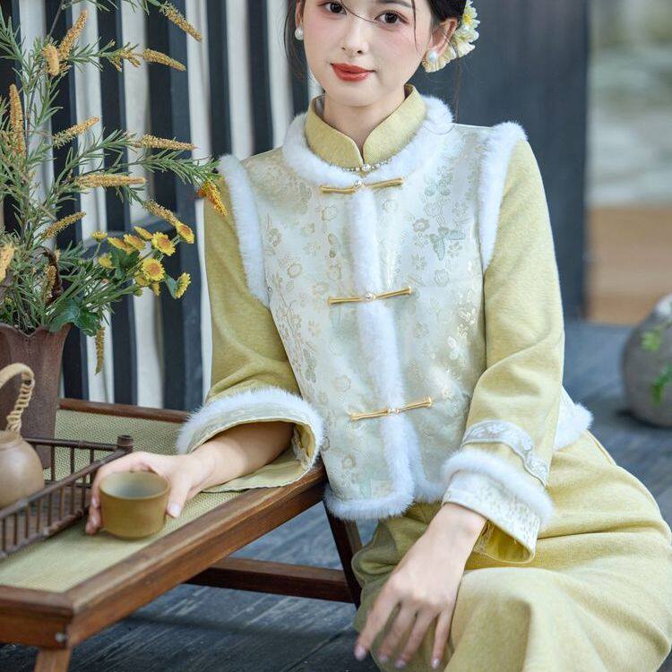 冬季年轻款加绒保暖汉服套装新中式国风复古改良旗袍马甲两件套女,女装/女士精品,旗袍,淘宝优惠券,粉丝福利购,淘宝优惠卷