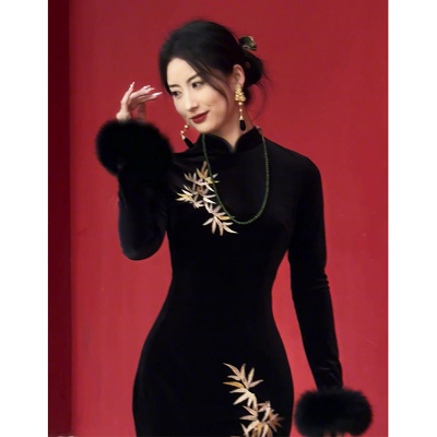 2024新中式国风改良黑色旗袍裙