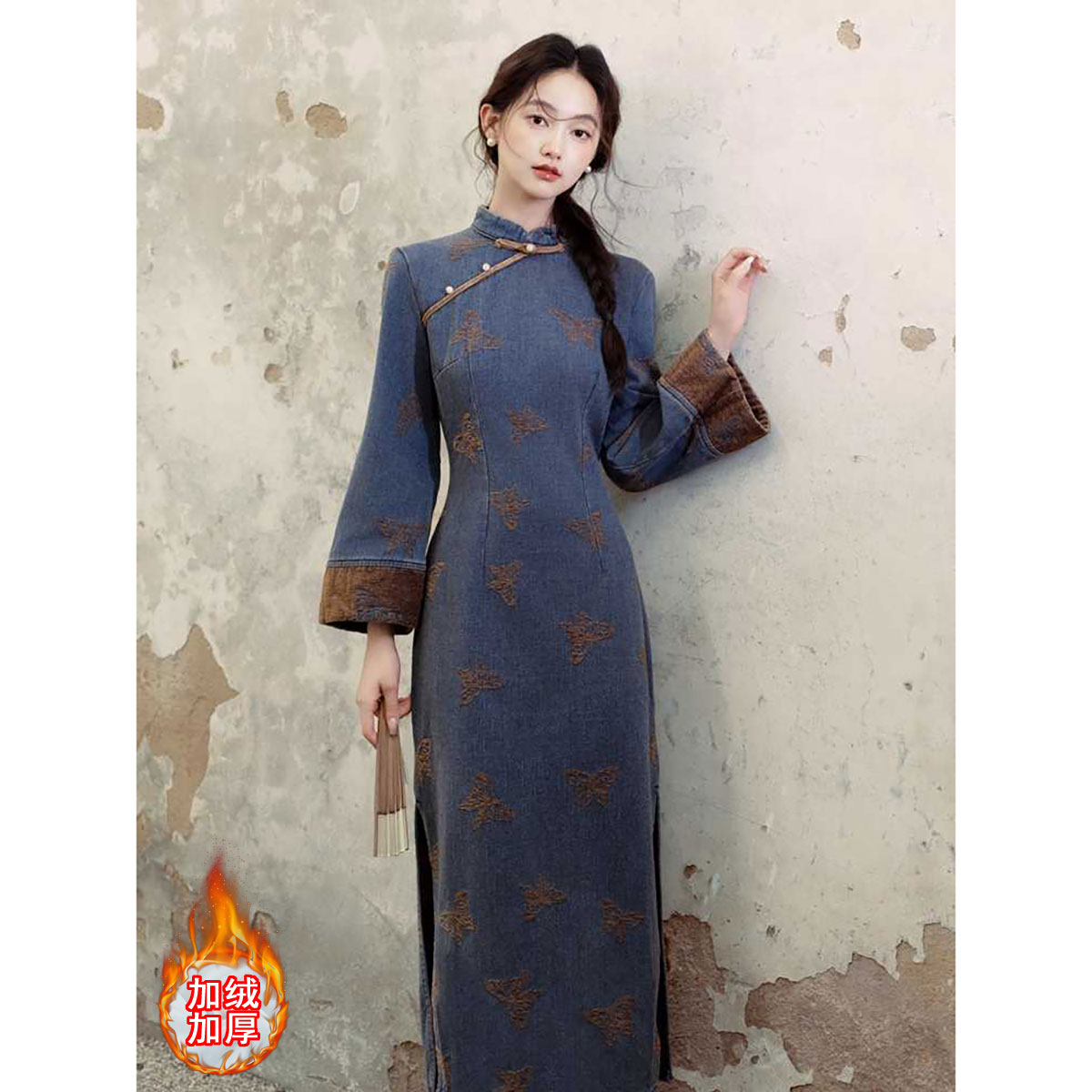 新中式刺绣旗袍改良年轻款女秋冬