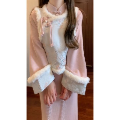 马甲加绒粉色改良旗袍连衣裙