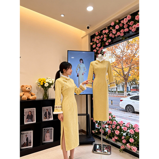 新中式 黄色旗袍秋冬季 少女冬装 加厚加绒改良年轻款 国风连衣裙 长袖