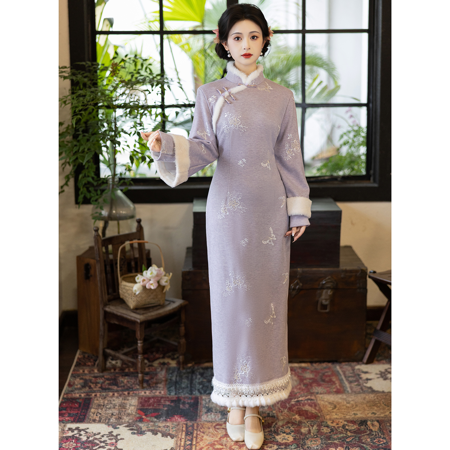 冬季紫色旗袍冬装加厚新中式国风