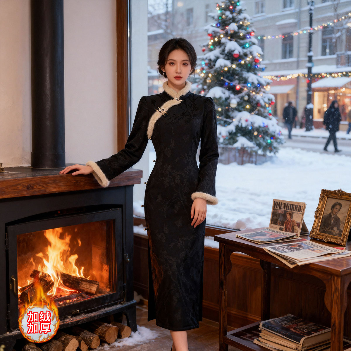黑色旗袍2025新款冬季长袖加绒