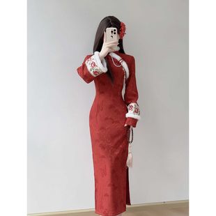 新中式改良旗袍少女连衣裙复古风高端大气上档次年轻款秋冬季红色