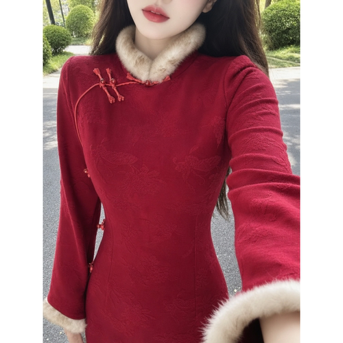 加绒旗袍女新中式改良红色
