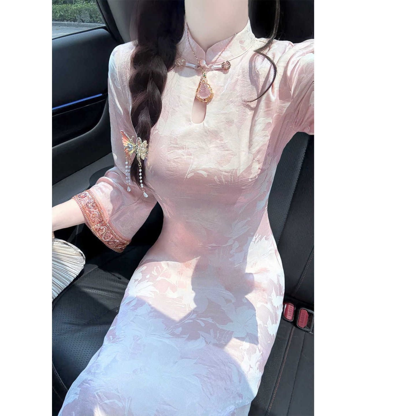 国风新中式粉色提花改良旗袍长裙