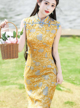 黄色高考旗袍2025新款送考旗开得胜夏季无袖新中式日常国风连衣裙
