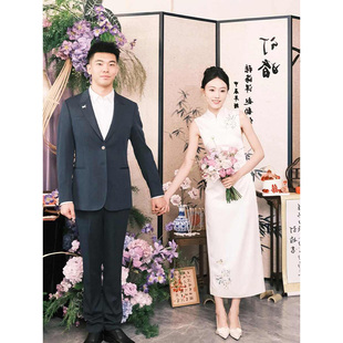 新中式 重工刺花改良旗袍连衣裙 复古国风晨袍新娘订婚礼服当天便装