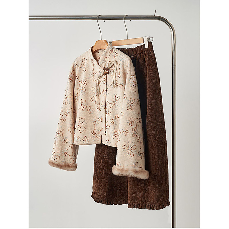 加绒加厚复古盘扣毛毛袖提花唐装上衣宋制汉服阔腿裤套装女秋冬季,女装/女士精品,时尚套装,淘宝优惠券,粉丝福利购,淘宝优惠卷