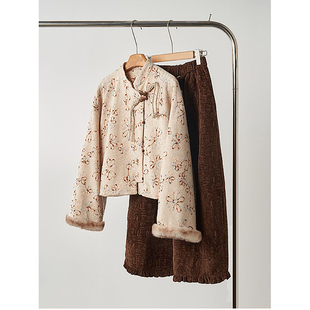 加绒加厚复古盘扣毛毛袖提花唐装上衣宋制汉服阔腿裤套装女秋冬季